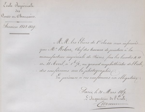 Note du 31 mars 1859 de l’inspecteur aux élèves (vol. 12) : mise en place des conférences et des séances pratiques de photographie avec M. Robert en avril 1859