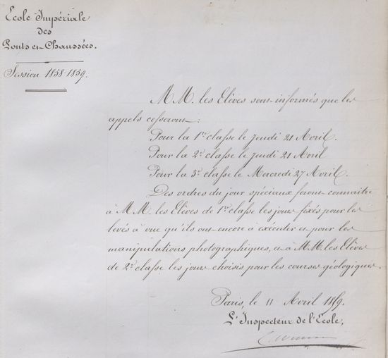 Note du 11 avril 1859 de l’inspecteur aux élèves (vol. 12) : mise en place des conférences et des séances pratiques de photographie avec M. Robert en avril 1859