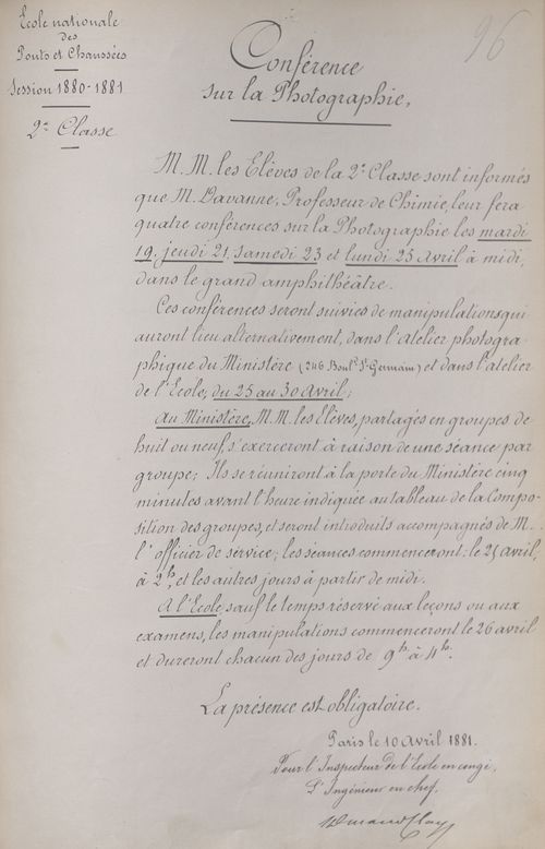 Notes de l’inspecteur aux élèves (vol. 33) : cours de photographie par M. Davanne en avril 1881