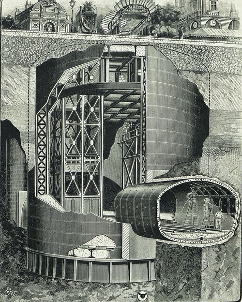 Vue d'un des puits de raccordement entre le souterrain et les stations dans lesquels seront installés les ascenseurs d'accès à cette station. Extrait de la revue Nature, n°1667, 1905