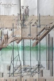 Perspective de la machine à scier les pieux. Dessin aquarellé publié dans le Journal du pont de Saumur pour la fondation de la 3ème et 4ème pile, 1758, signé de Voglie. © École Nationale des Ponts et Chaussées, ms 2785