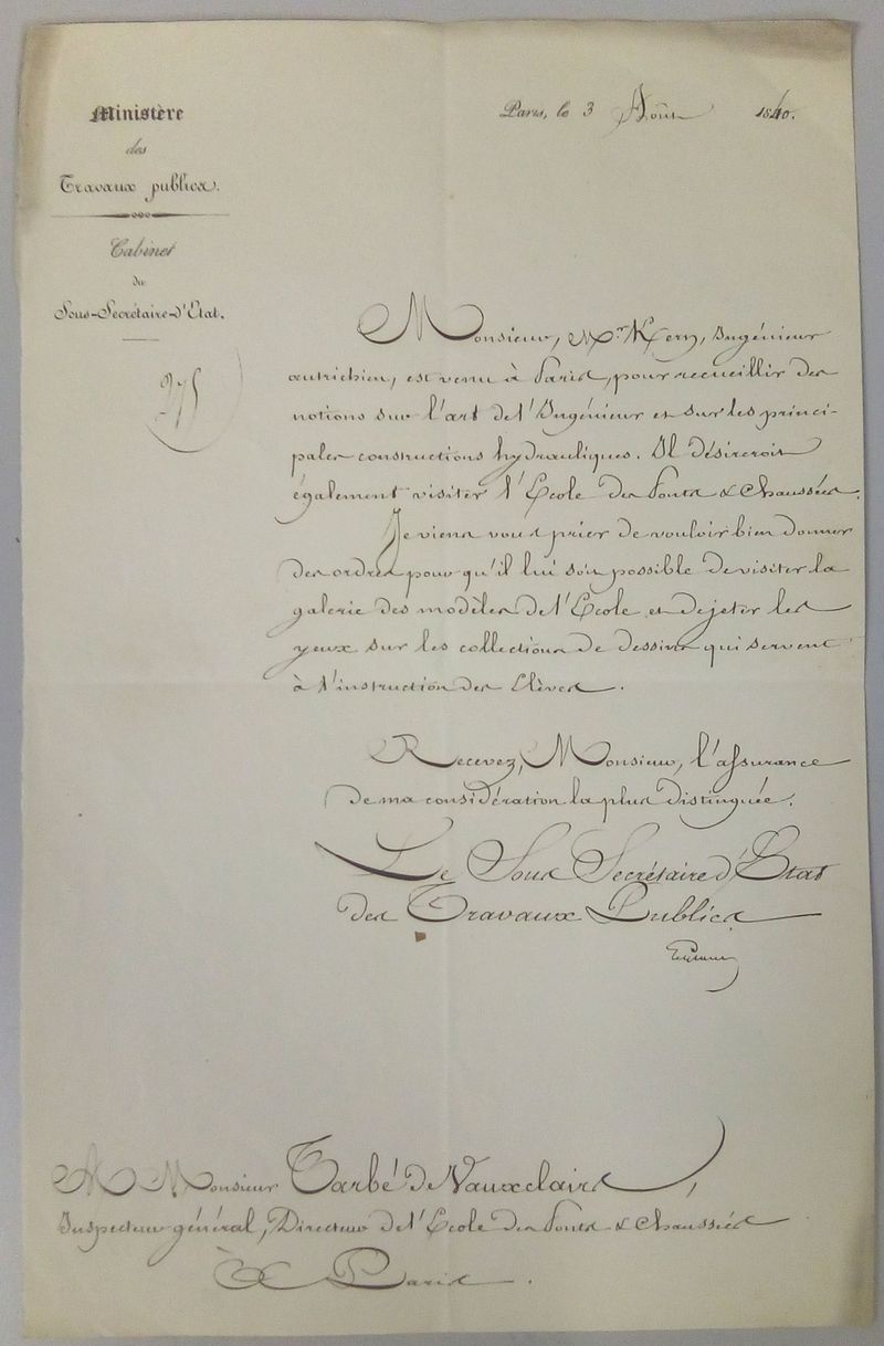 Demande de visite des collections de l'École, 3 août 1840. Correspondance du directeur.