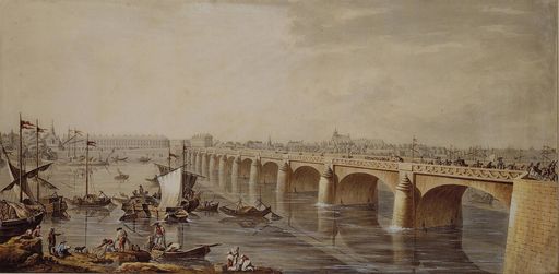 Bateliers sous le pont de la Loire à Saumur. Aquarelle et gouache par Louis Le Masson, 1775 © Château-musée de Saumur