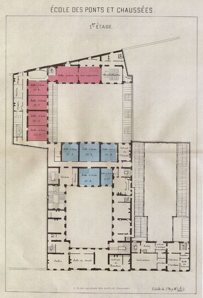 Plan d'occupation des locaux de l'École, premier étage. Commission consultative (bleu) et le service de la Statistique médico-chirurgicale de l'armée (rose)