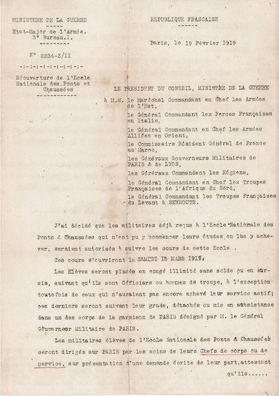 Note du ministère de la Guerre autorisant la réouverture de l'École aux élèves démobilisés. 19 février 1919.
